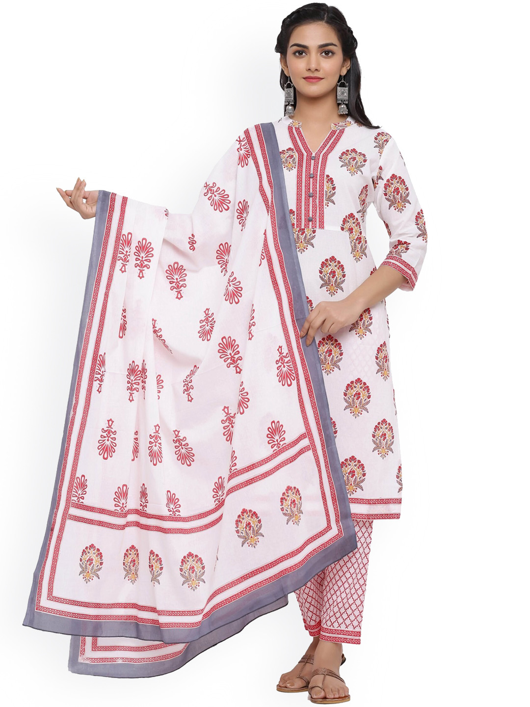

mirari Women Pink Ethnic Motifs Printed Pure Cotton Kurti with Trousers & With Dupatta