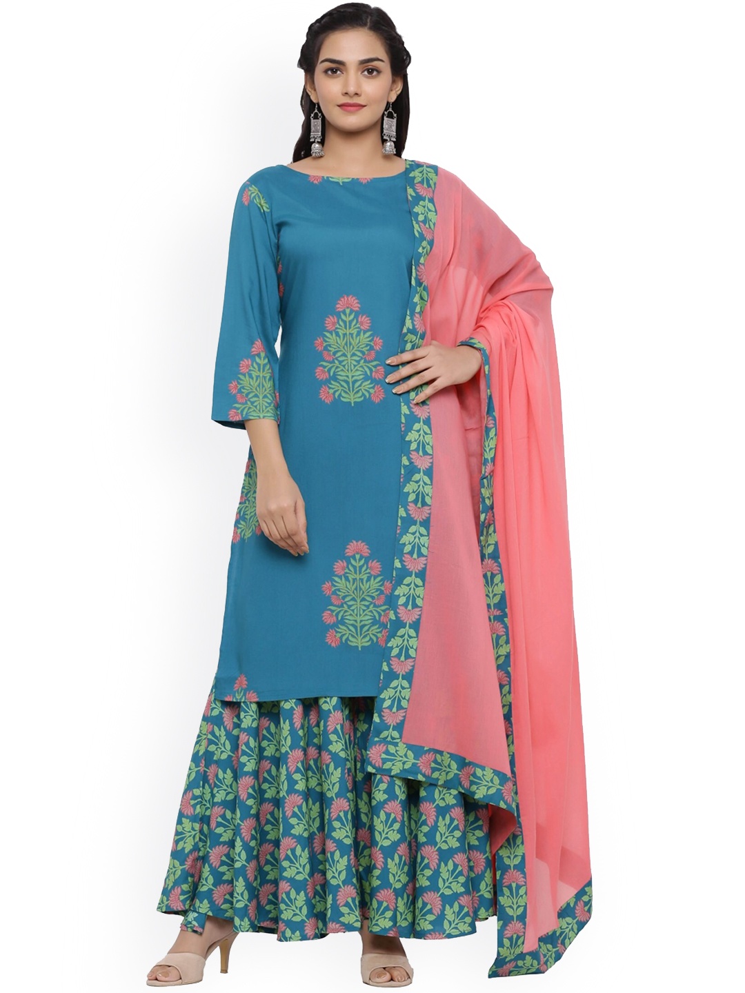 

mirari Women Green Floral Embroidered Kurta with Skirt & With Dupatta