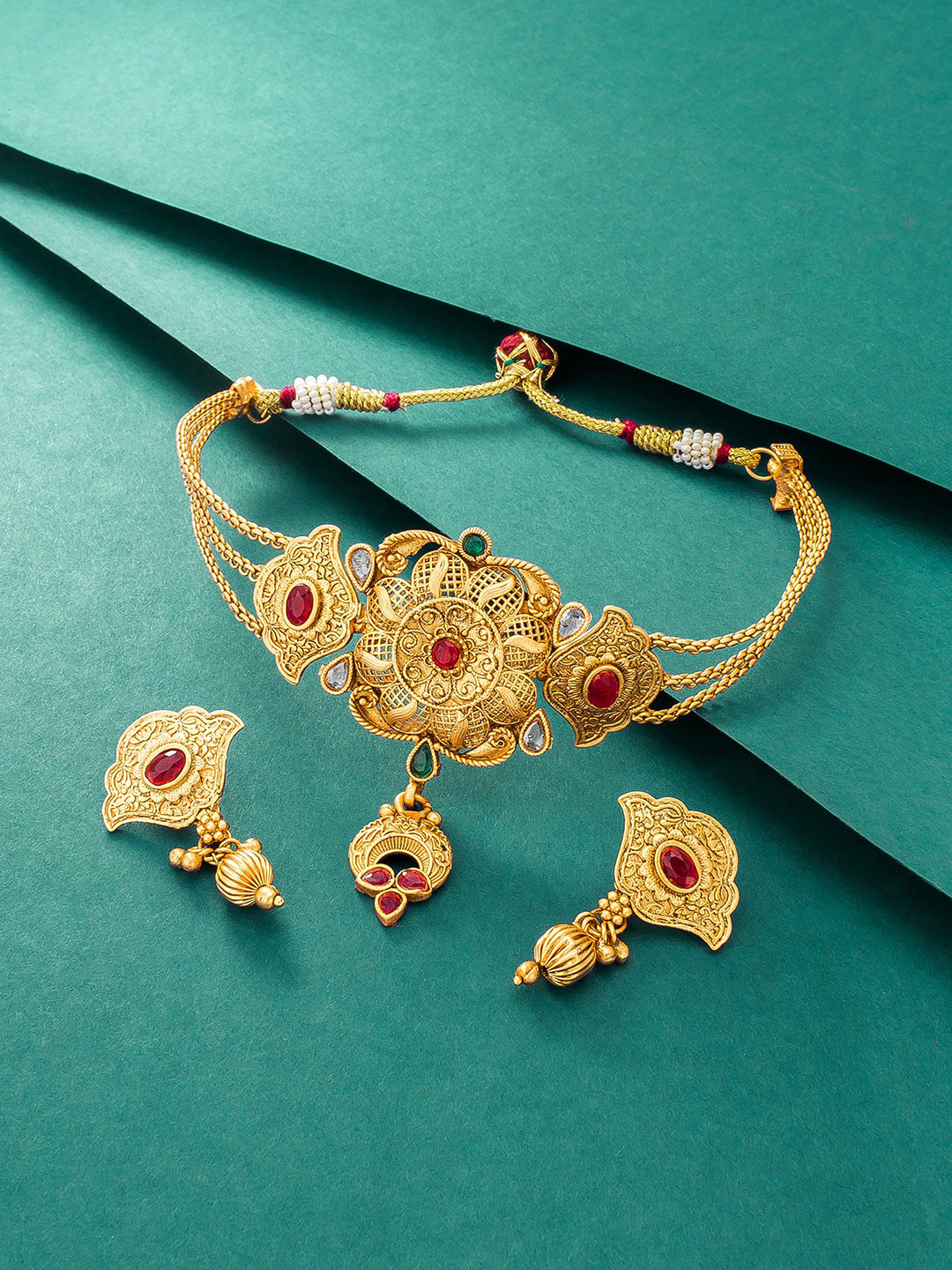 

aadita Gold Plated & Green Studded Jewellery Set