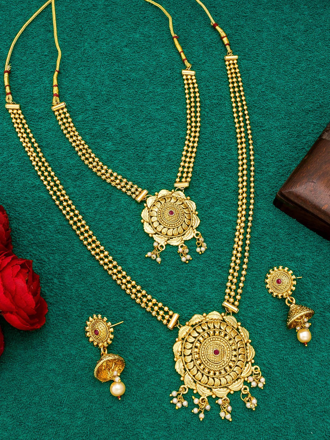 aadita Gold-Plated Red Stone Studded & Beaded Matinee Jewellery Set