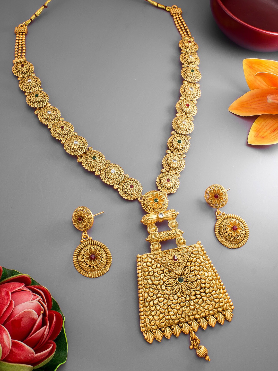 

aadita Gold-Plated Pink & Green Stone-Studded Jewellery Set