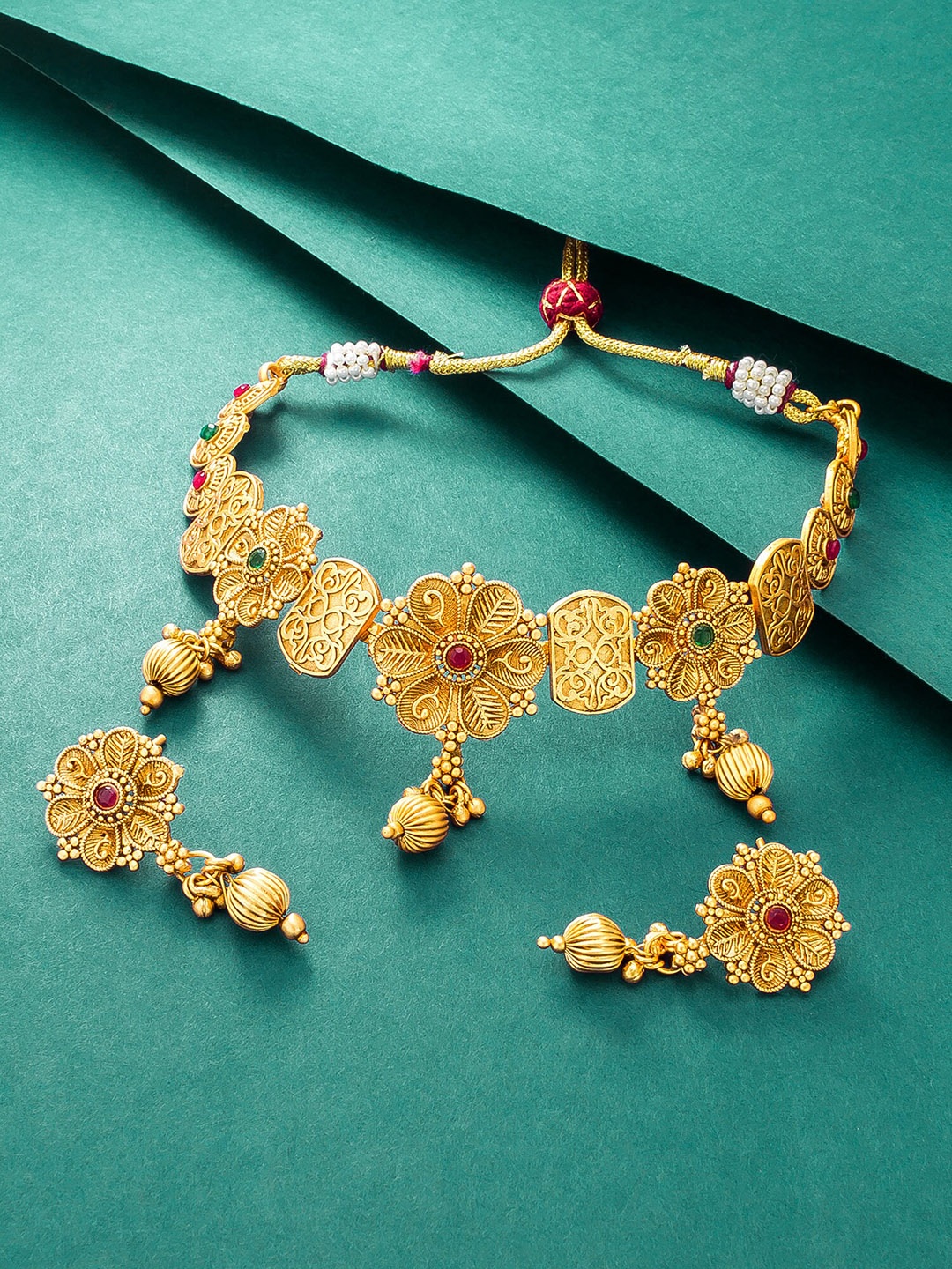 

aadita Gold-Plated Pink & Green Stone-Studded Jewellery Set