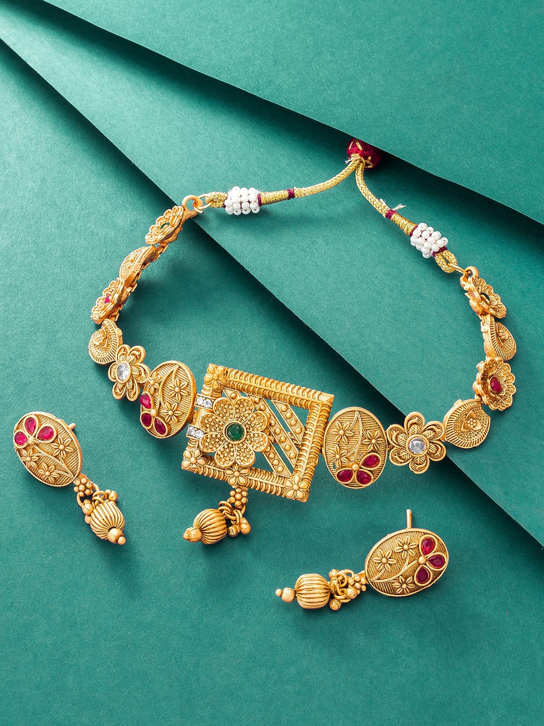

aadita Gold-Plated Green & Red Stone-Studded Jewellery Set