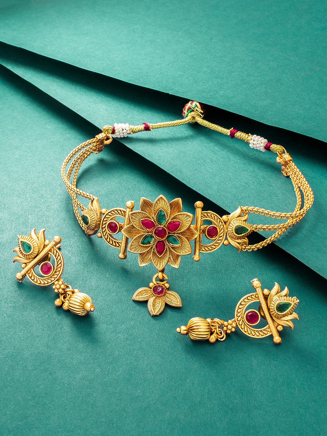 

aadita Gold-Plated Green & Pink Stone-Studded & Pearl Beaded Jewellery Set