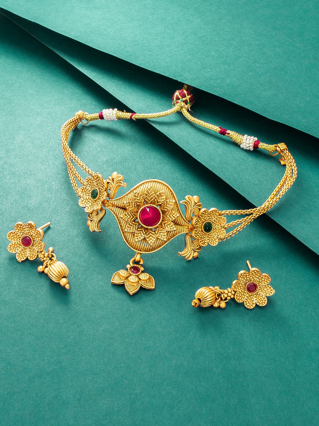 

aadita Gold-Plated Pink & Green Stone-Studded Jewellery Set