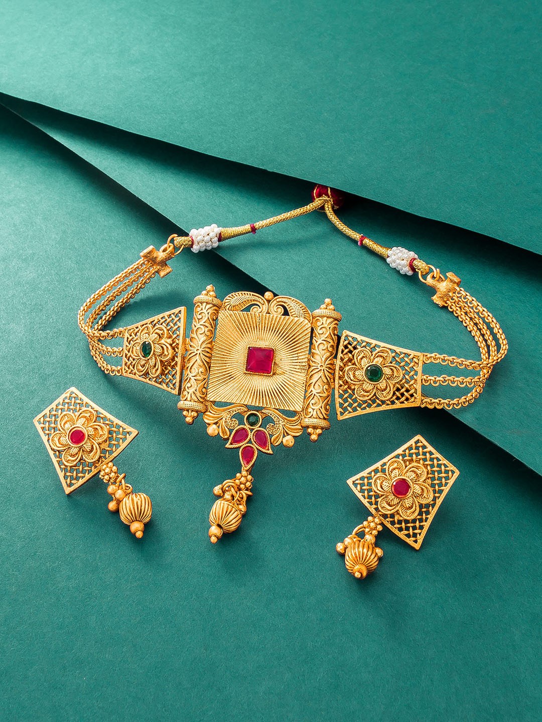 

aadita Gold-Plated Green & Pink Stone-Studded & Beaded Jewellery Set