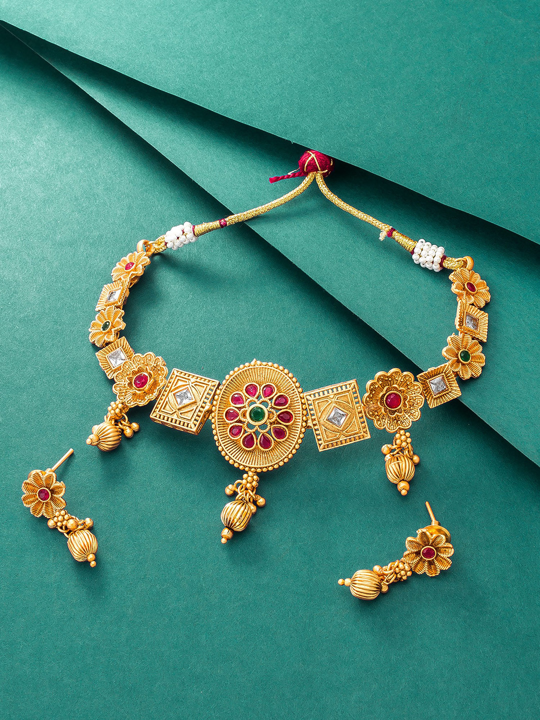 

aadita Gold-Plated Pink & Green Stone Studded Jewellery Set