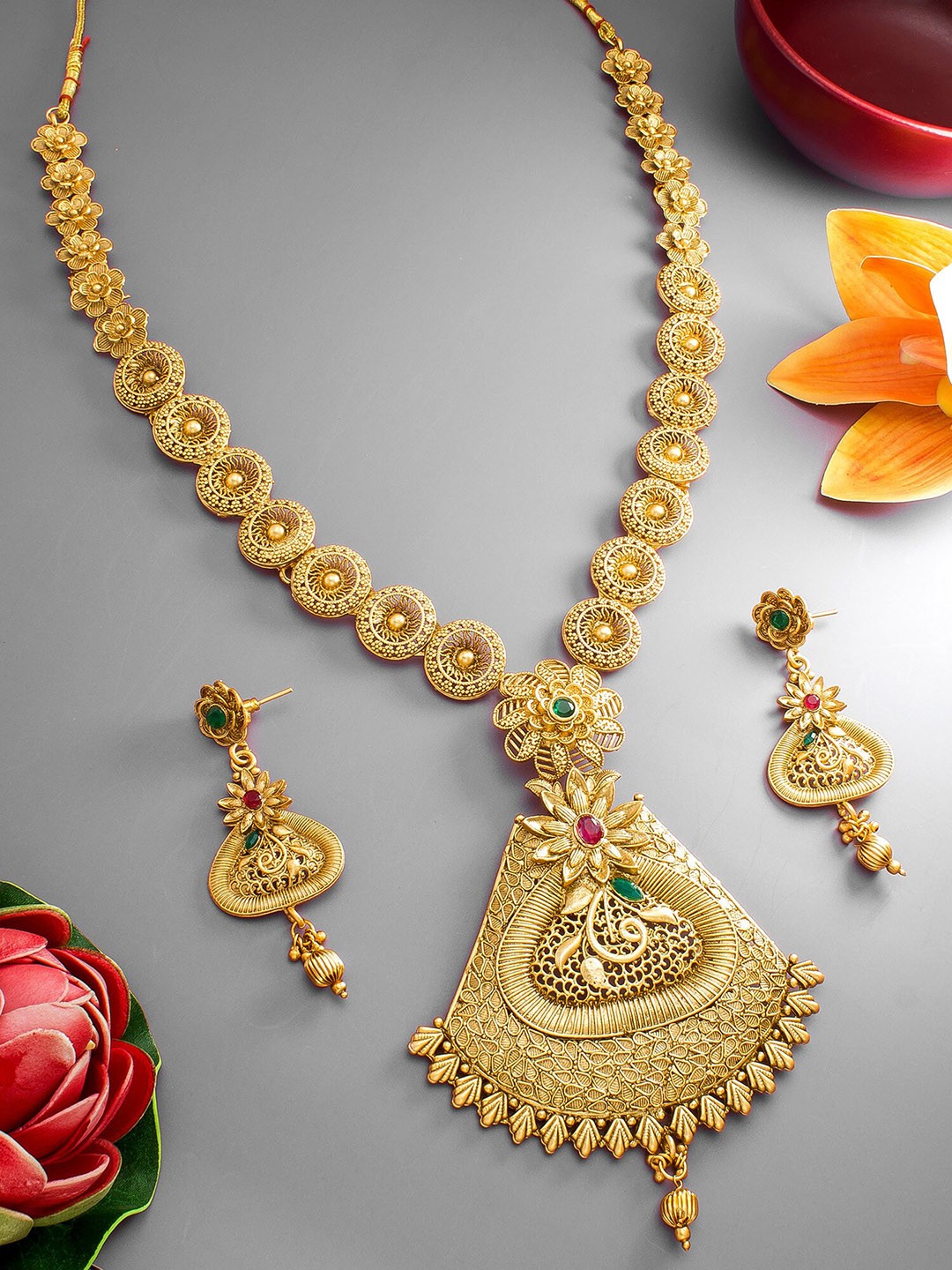 

aadita Gold-Plated Green & Pink Stone-Studded & Beaded Jewellery Set