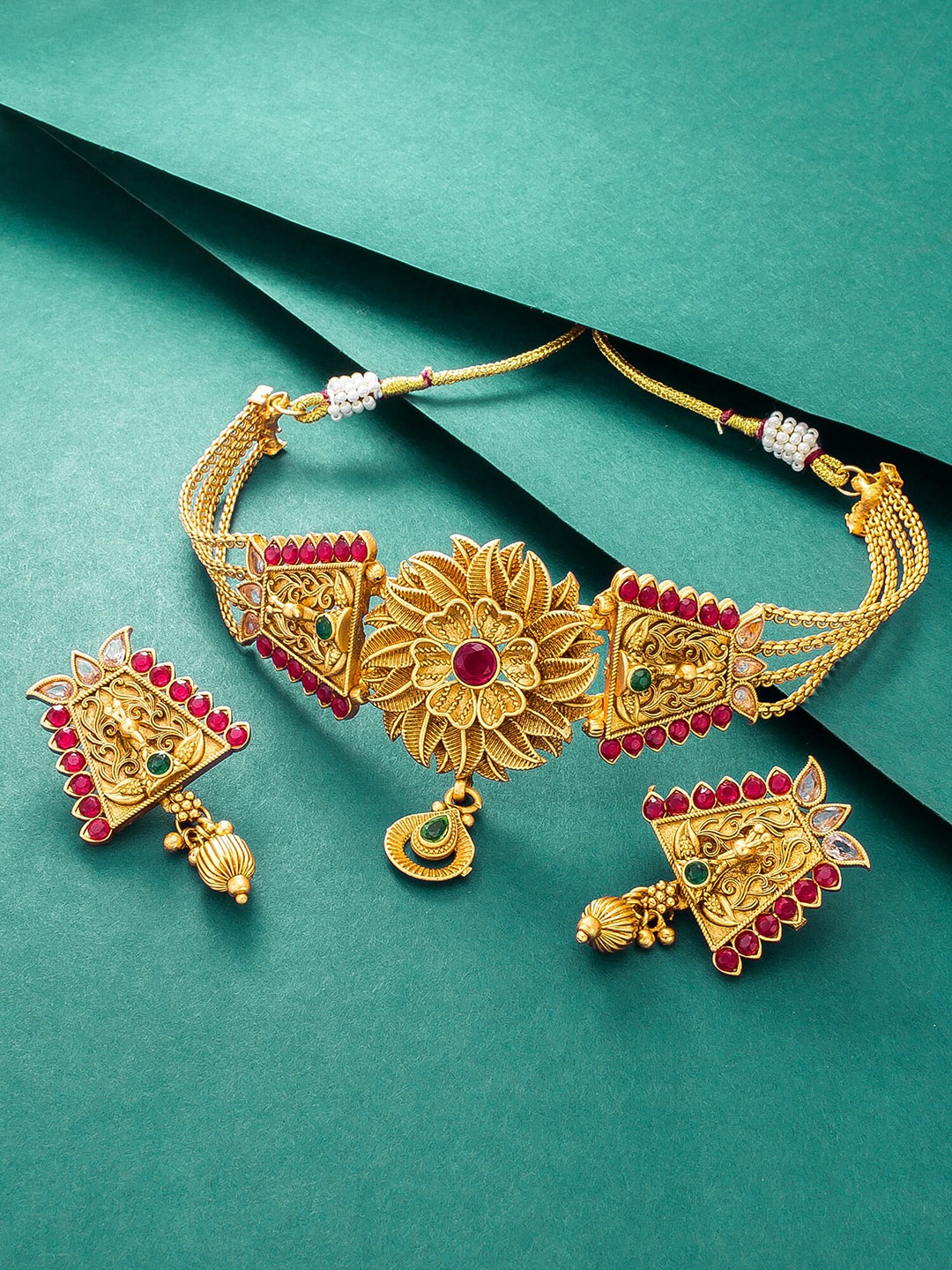 

aadita Gold-Plated Green & Pink Stone-Studded & Beaded Jewellery Set