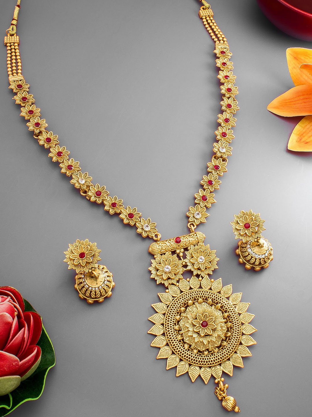 

aadita Gold-Plated Pink Stone-Studded Long Jewellery Set
