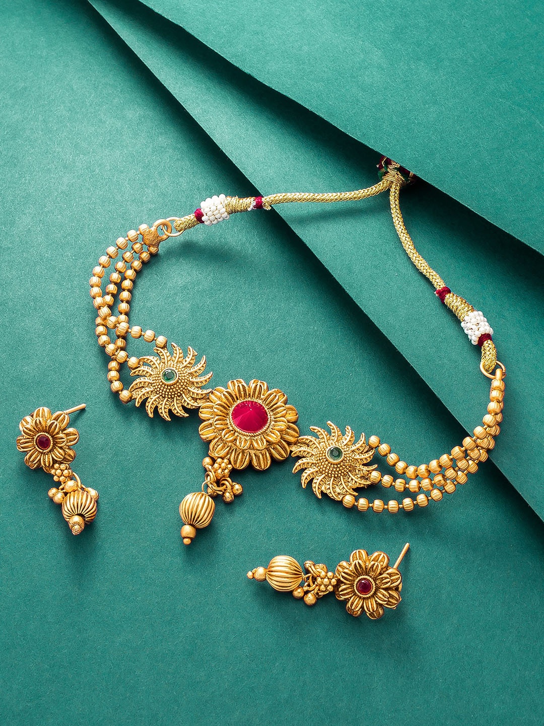 

aadita Gold-Plated Green & Pink Stone-Studded & Beaded Jewellery Set