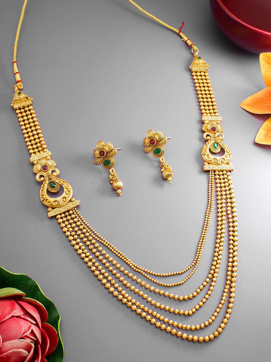 

aadita Gold-Plated Pink & Green Stone-Studded Jewellery Set