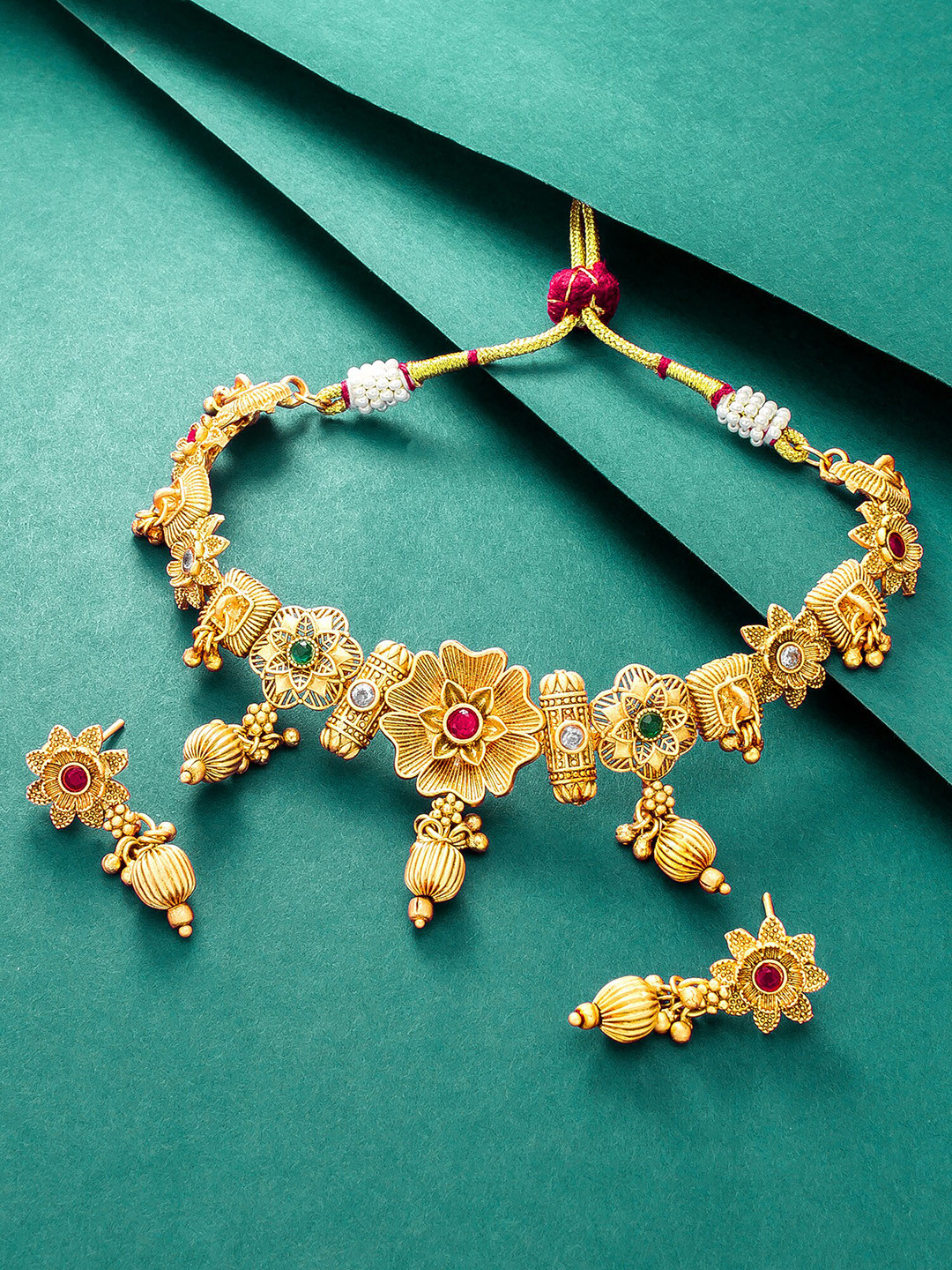 

aadita Gold-Plated Green & Pink Stone-Studded & White Beaded Jewellery Set