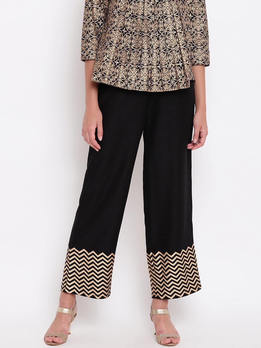 

Be Indi Women Black & Gold-Toned Hem Design Ethnic Palazzos