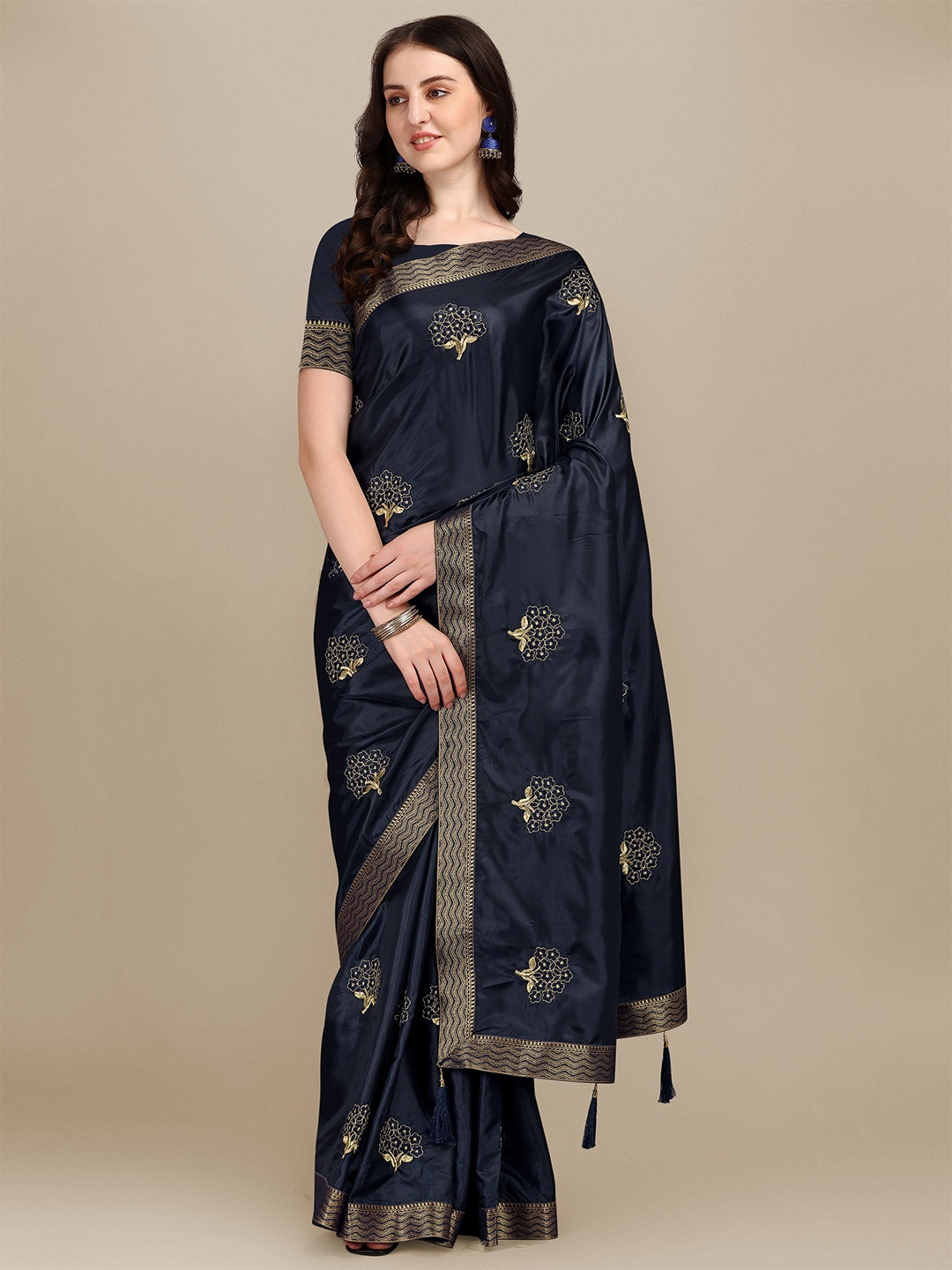 

ZIKARAA Navy Blue & Gold-Toned Floral Embroidered Silk Blend Saree