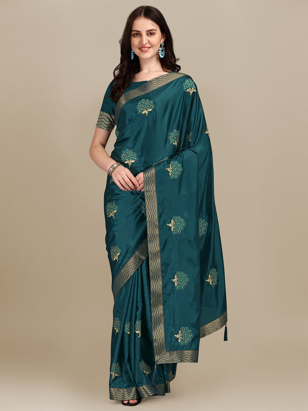 

ZIKARAA Teal & Gold-Toned Floral Embroidered Silk Blend Saree