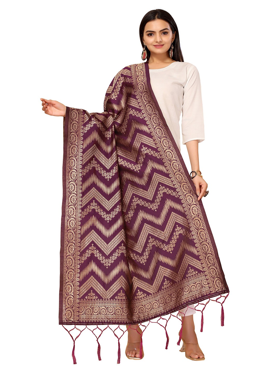 

Nimayaa Purple & Gold-Toned Ethnic Motifs Woven Design Dupatta