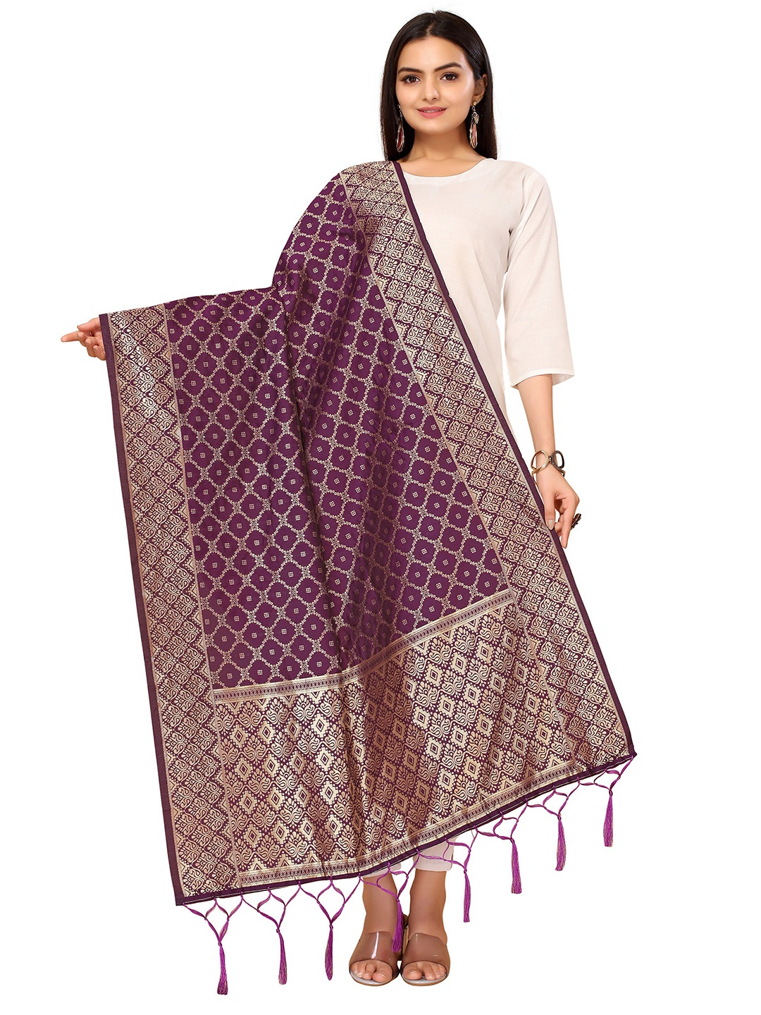 

Nimayaa Purple & Gold-Toned Ethnic Motifs Woven Design Dupatta with Zari