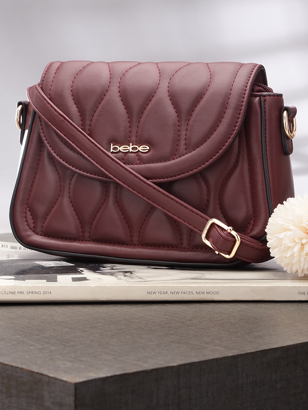 

bebe Women Burgundy Solid Quilted Structured Sling Bag