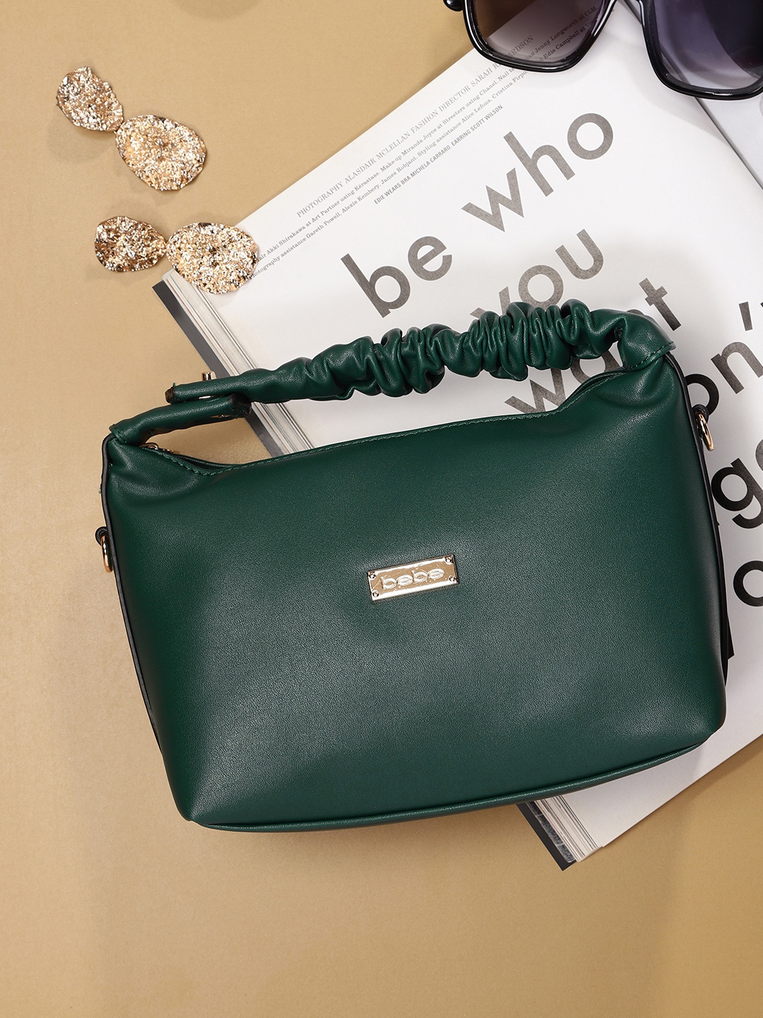 

bebe Women Green Solid Structured Handheld Bag
