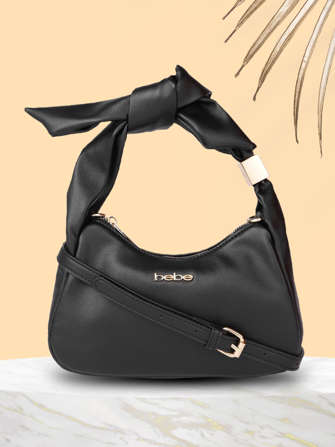 

bebe Black Solid Regular Structured Hobo Bag with Knot Detail