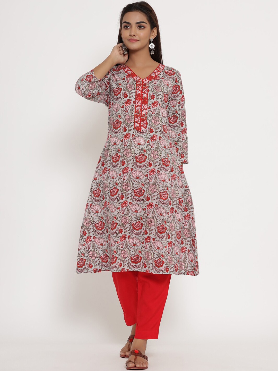 

mirari Women Red & shadow gray Ethnic Motifs Printed Floral Handloom Kurta