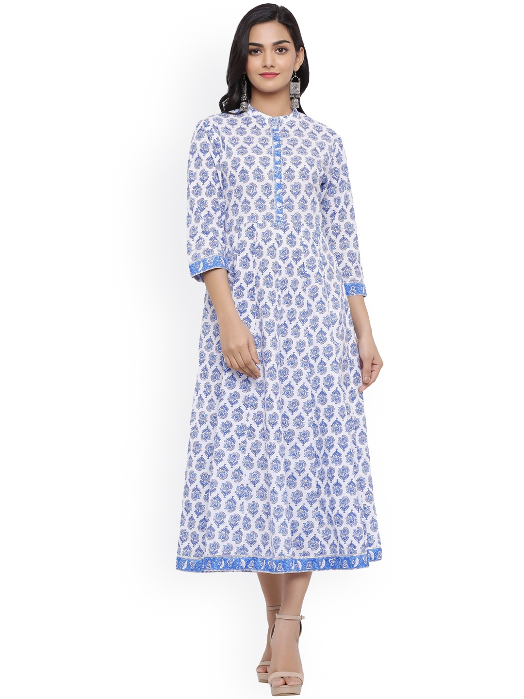 

mirari Women Blue Ethnic Motifs Printed Gotta Patti Floral Handloom Anarkali Kurta