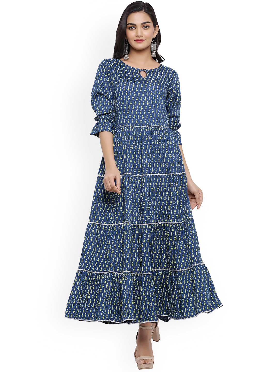 

mirari Women Blue Geometric Printed Keyhole Neck Flared Sleeves Floral Handloom Anarkali Kurta