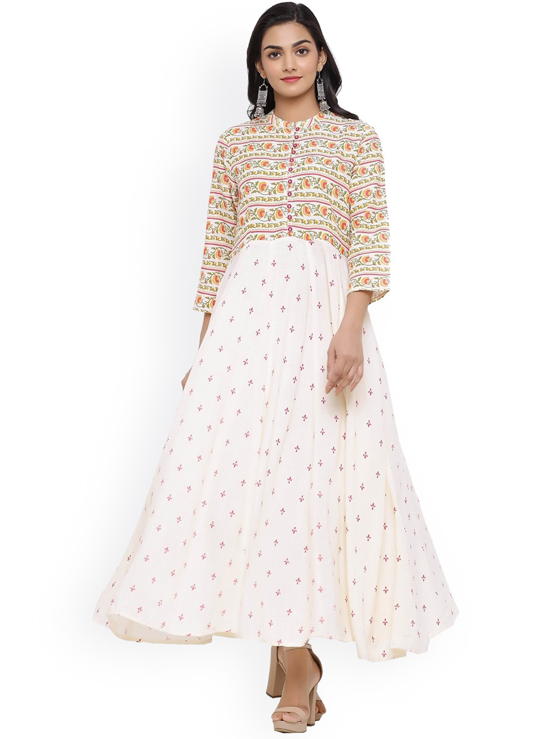 

mirari Women White & petal pink Geometric Printed Floral Handloom Anarkali Kurta