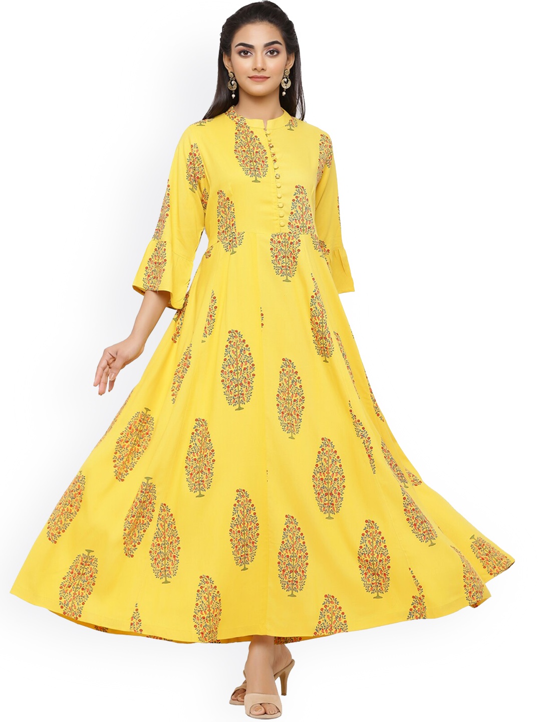 

mirari Women Yellow & aurora Ethnic Motifs Embroidered Flared Sleeves Gotta Patti Floral Handloom Anarkali Kurta