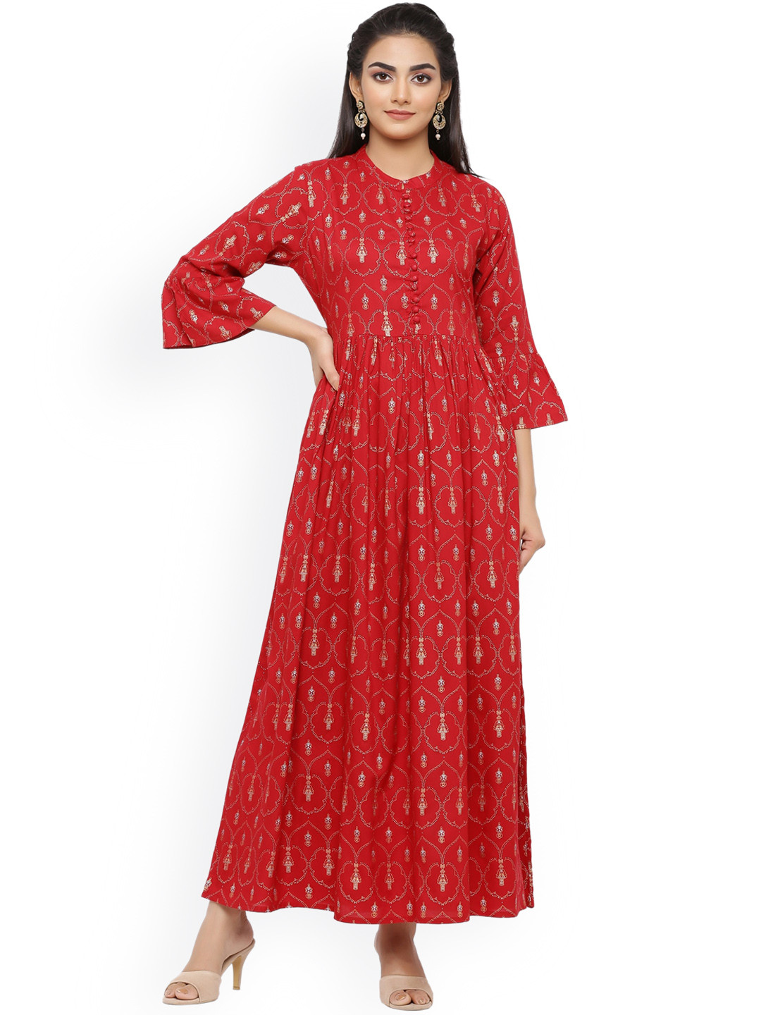

mirari Women Red Embellished Flared Sleeves Floral Handloom Anarkali Kurta