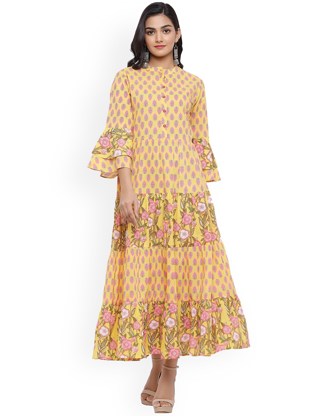 

mirari Women Yellow Floral Printed Flared Sleeves Floral Handloom Anarkali Kurta
