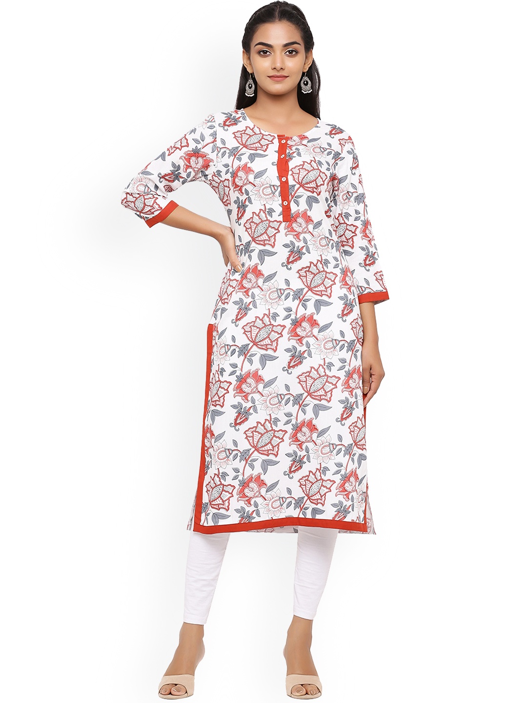 

mirari Women Peach-Coloured & magnolia Floral Printed Cold-Shoulder Sleeves Patchwork Floral Handloom Kurta