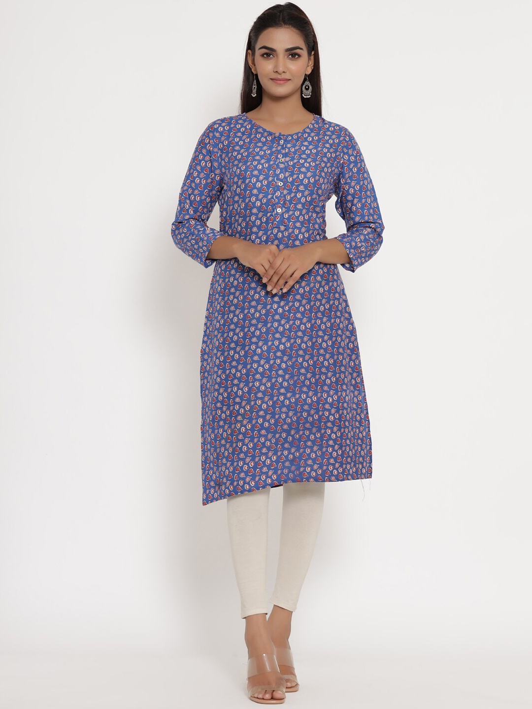 

mirari Women Blue Geometric Printed Thread Work Floral Handloom Kurta