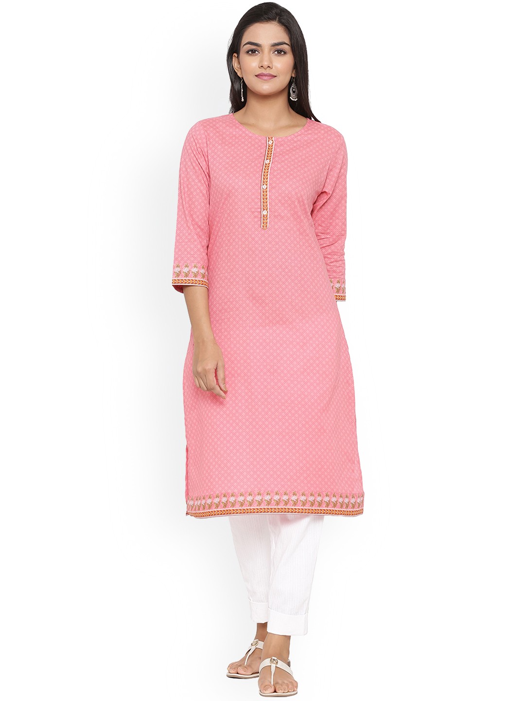

mirari Women Peach-Coloured Mirror Work Floral Handloom Kurta