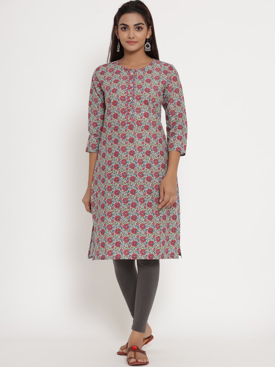 

mirari Women Peach-Coloured & silver Ethnic Motifs Printed Thread Work Floral Handloom Kurta