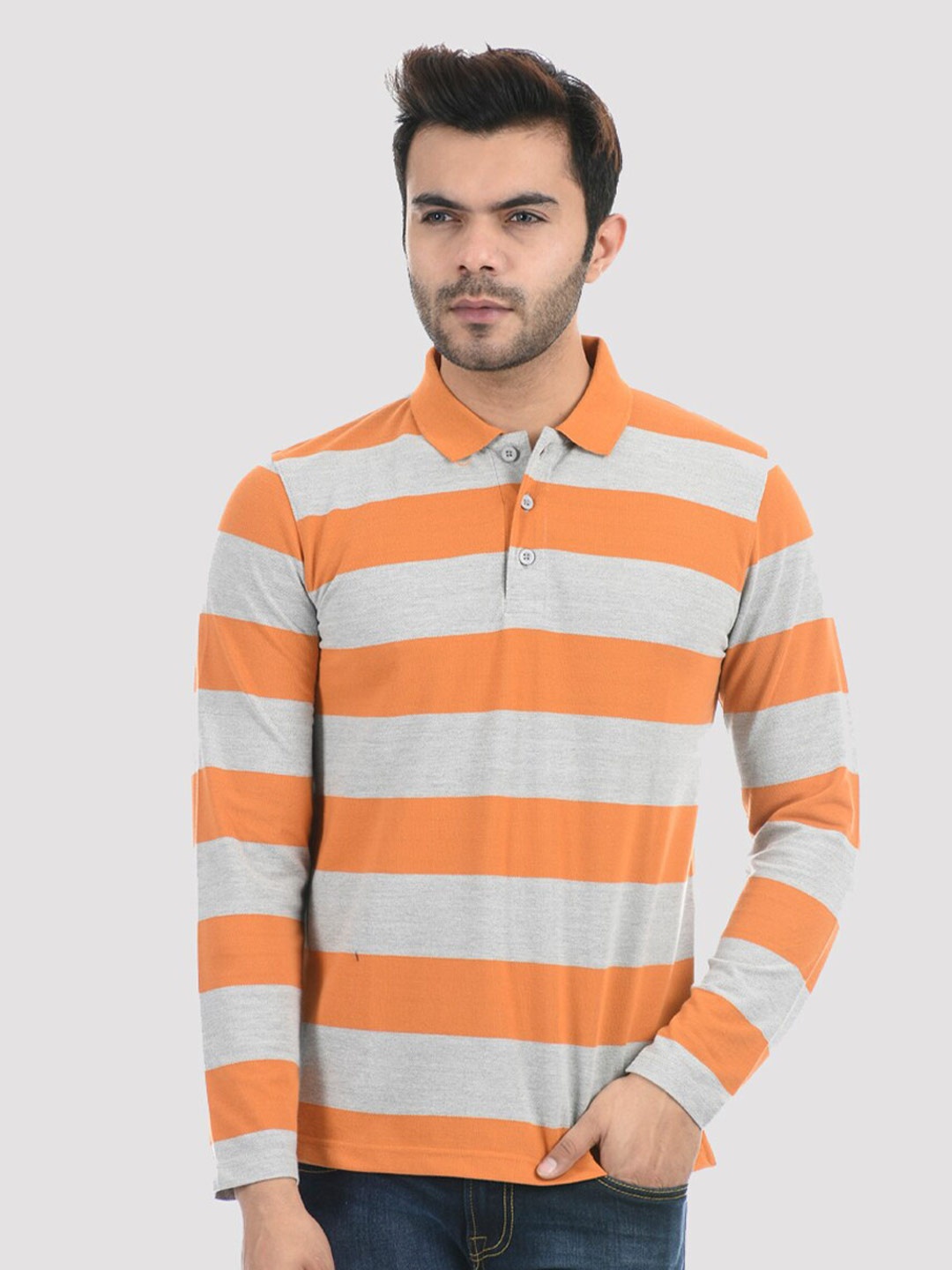 

ONEWAY Men Orange Striped Polo Collar T-shirt