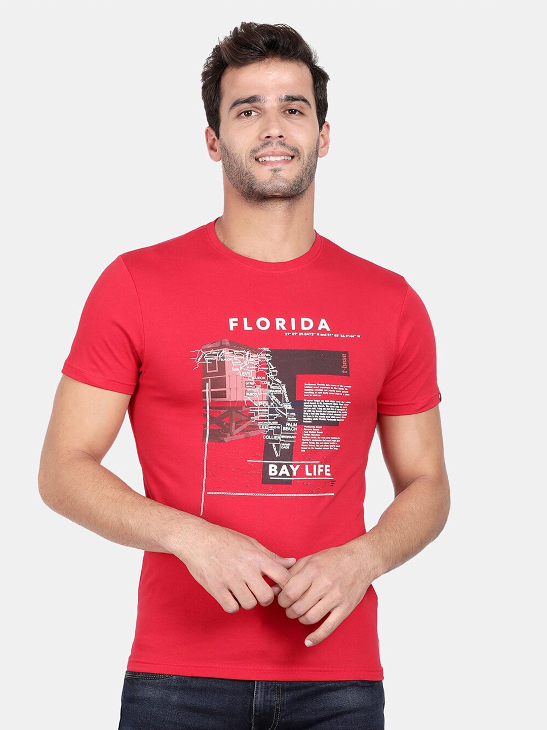 

t-base Men Red Printed Applique T-shirt