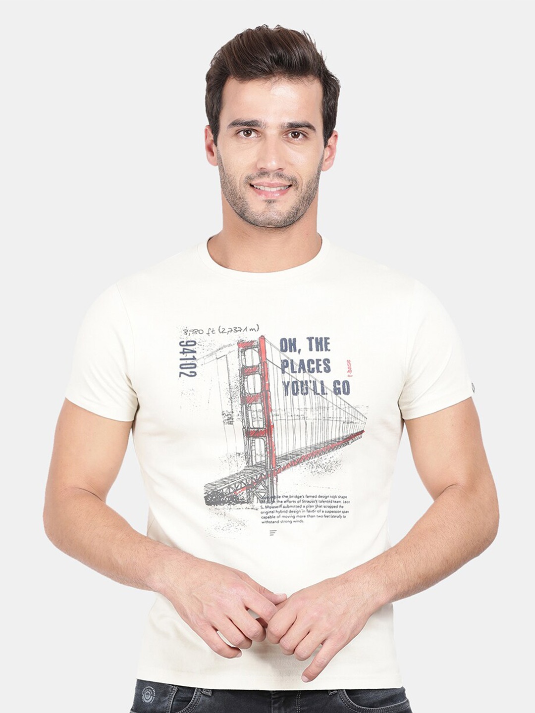 

t-base Men Beige Printed Applique T-shirt