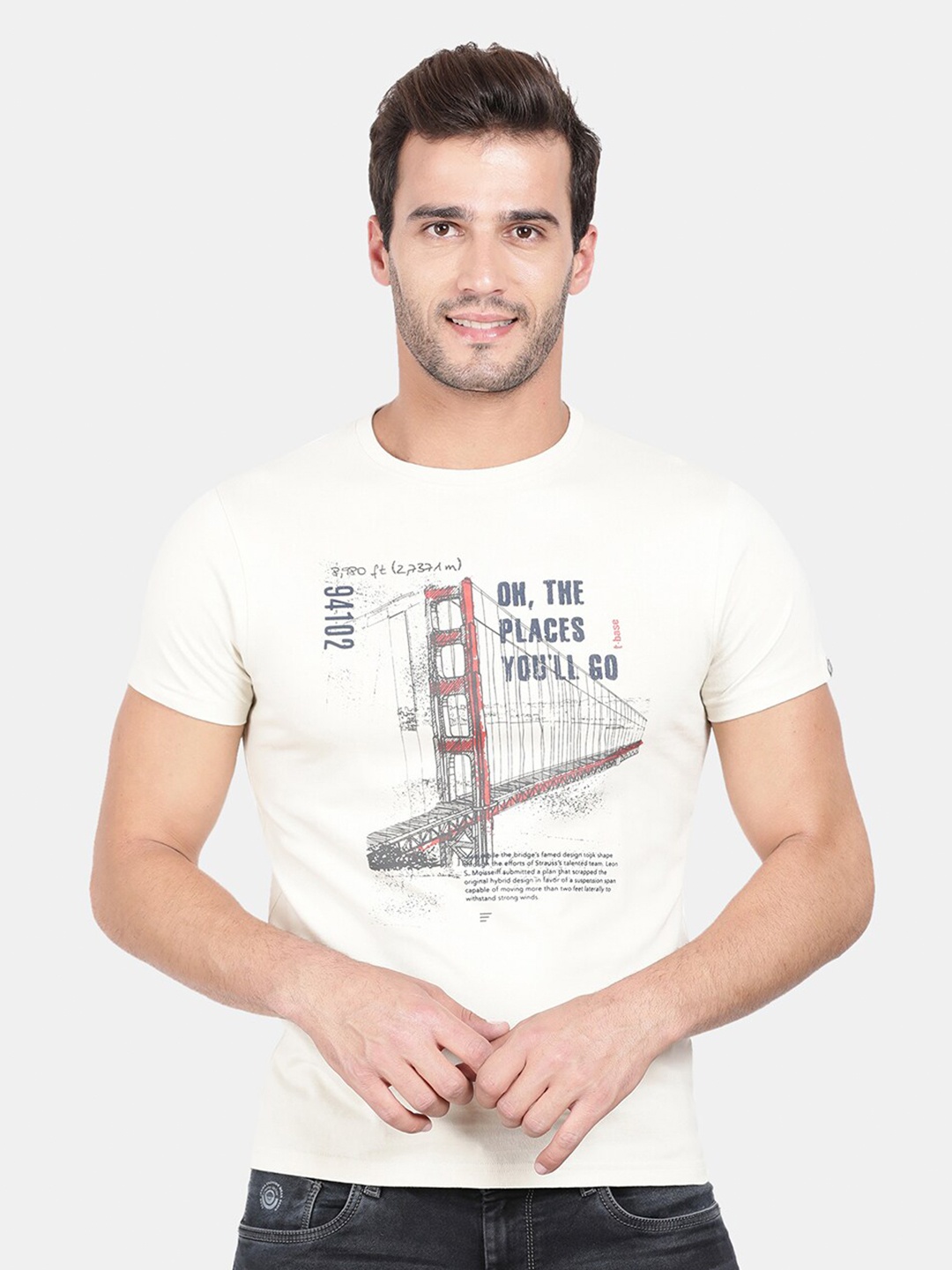 

t-base Men Beige Printed Applique T-shirt