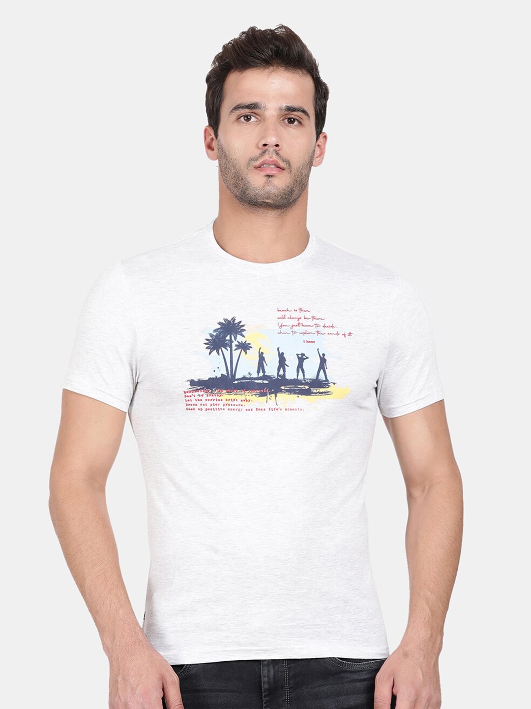 

t-base Men White Typography Printed Applique T-shirt