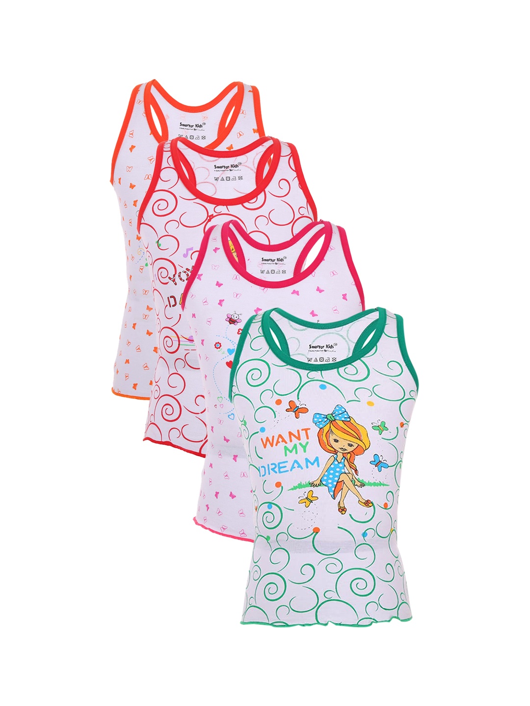 

SMARTERKIDS Girls Set Of 4 White & Red Print Tank Top
