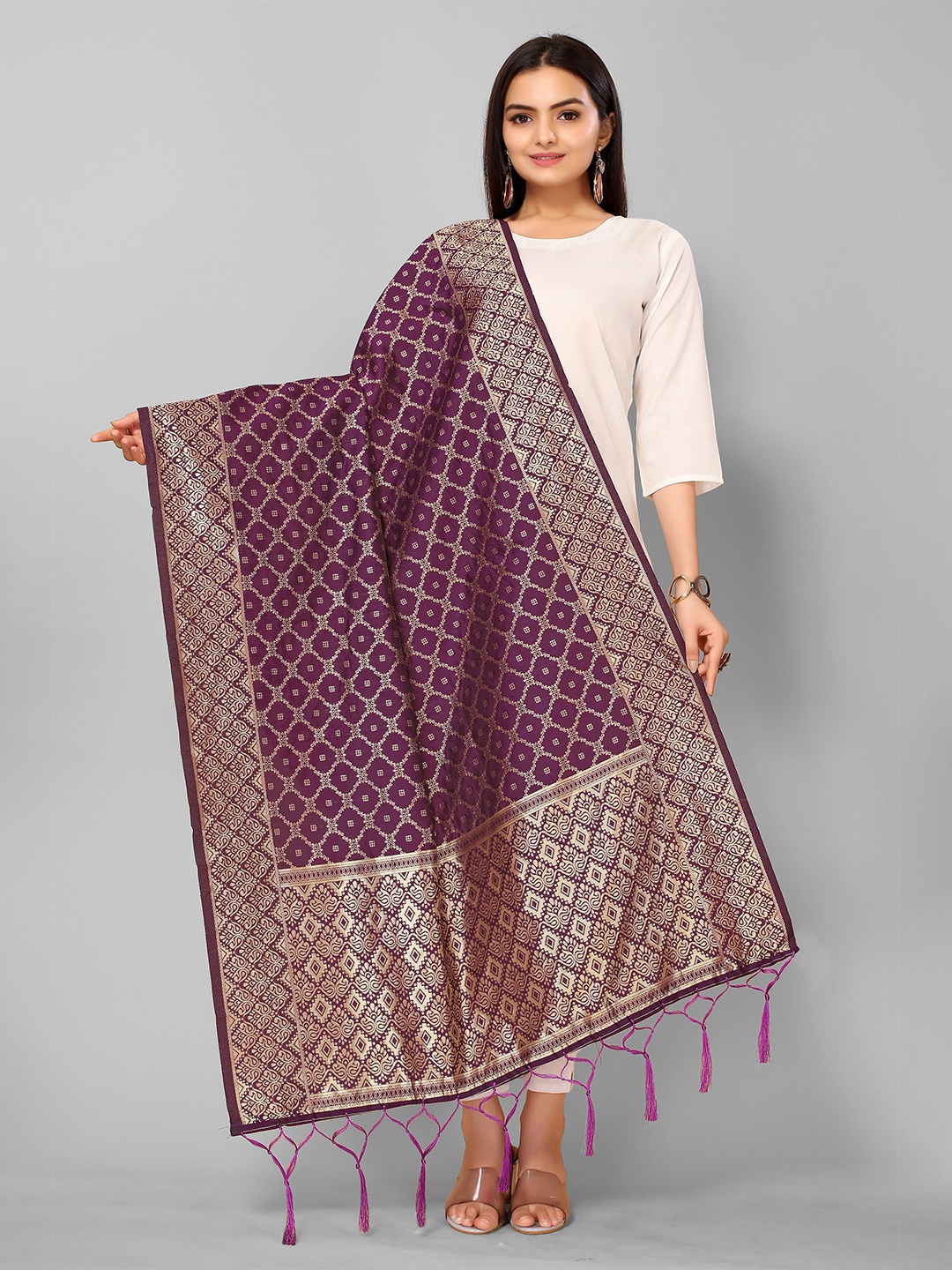 

KALINI Purple & Gold-Toned Ethnic Motifs Woven Design Dupatta