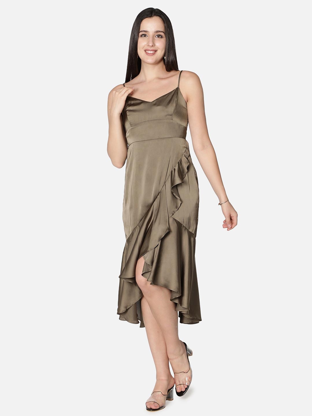 

NUEVOSDAMAS Olive Green Satin Midi Dress