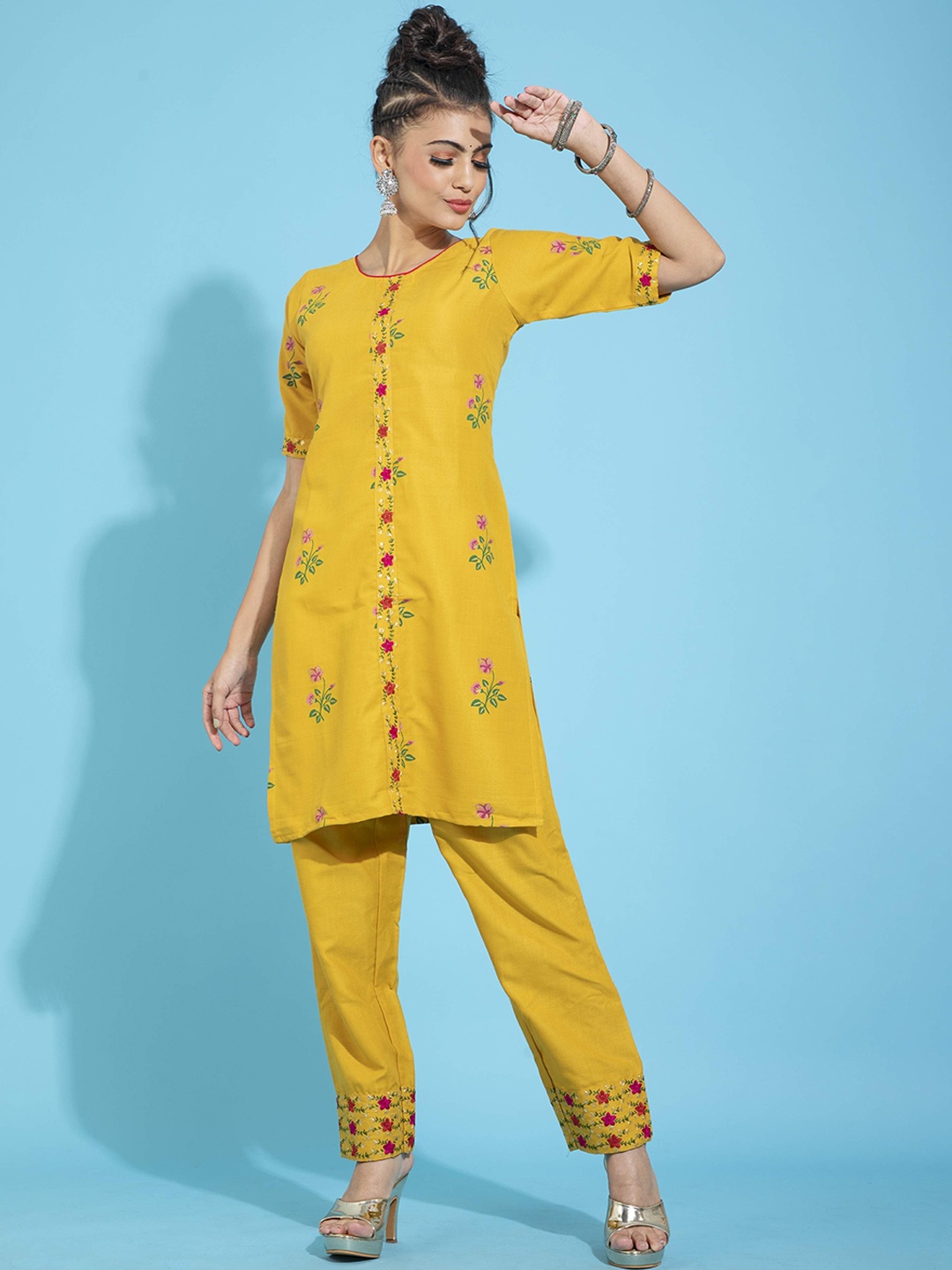 

POONAM DESIGNER Women Yellow Floral Embroidered Pure Cotton Kurta with Trousers
