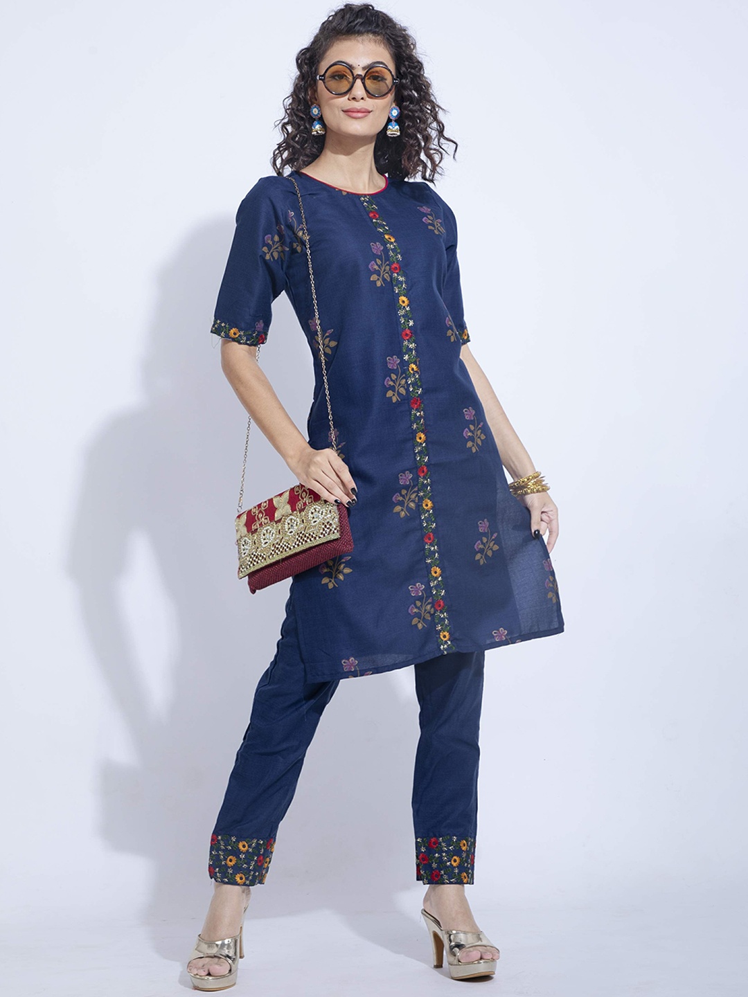 

POONAM DESIGNER Women Navy Blue Floral Embroidered Empire Pure Cotton Kurti with Trousers & With Dupatta