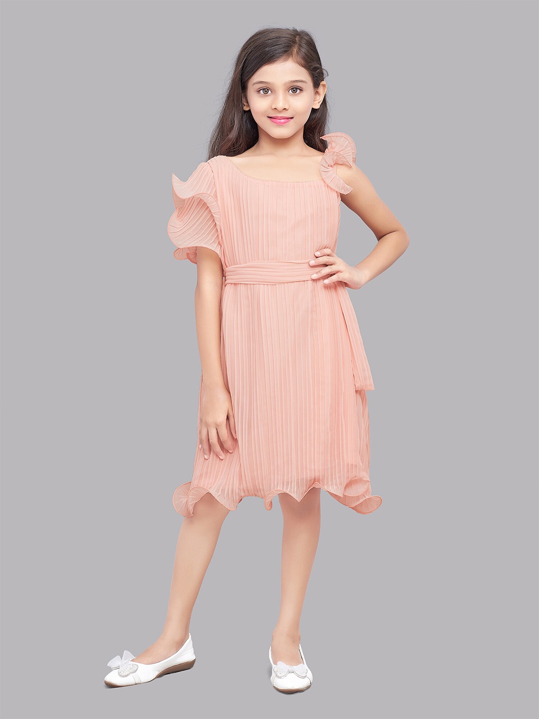 

Pink Chick Peach-Coloured Striped Georgette Dress