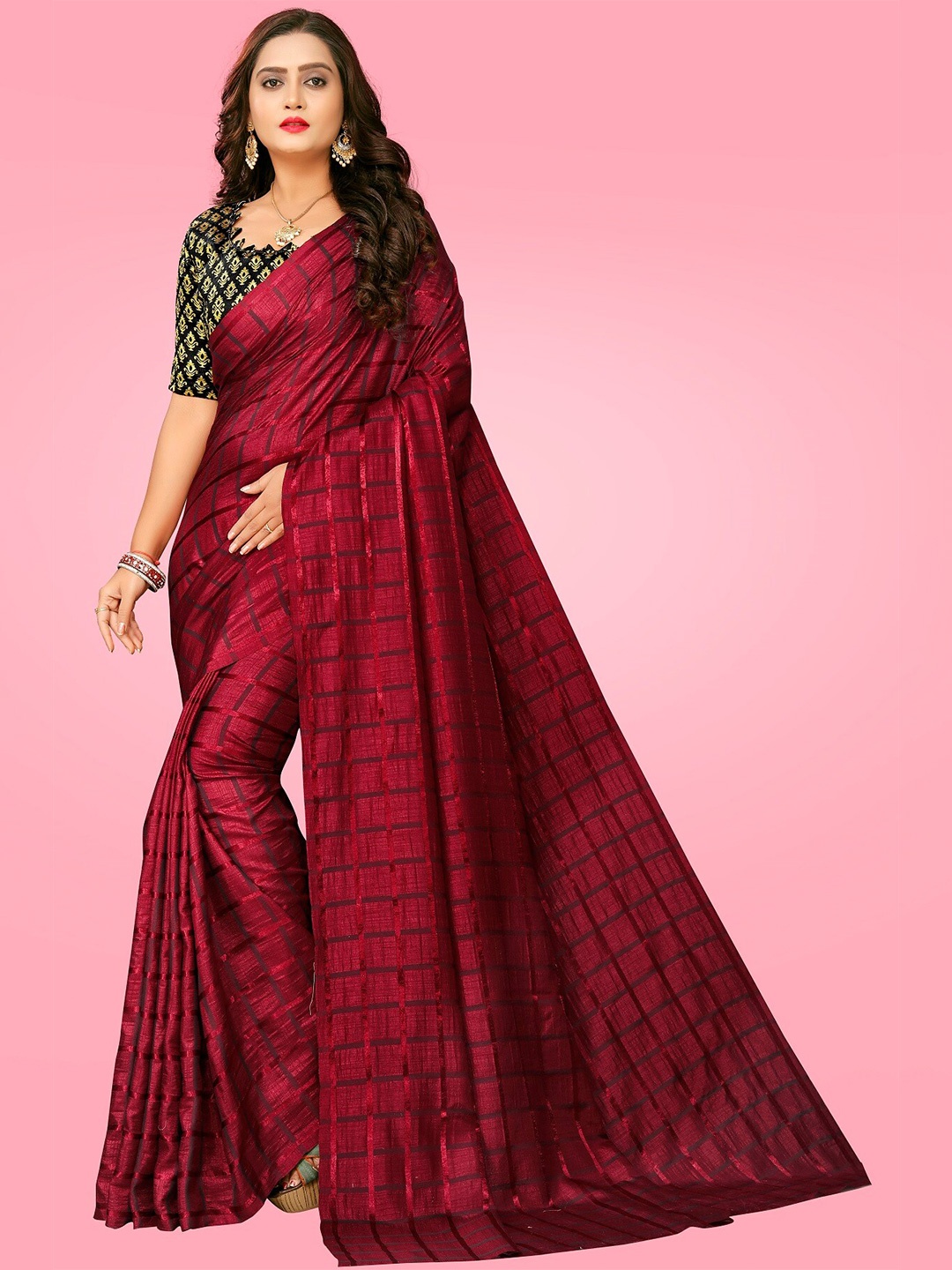 

Rangrasiya Corporation Maroon & Gold-Toned Checked Embroidered Jute Silk Chanderi Saree