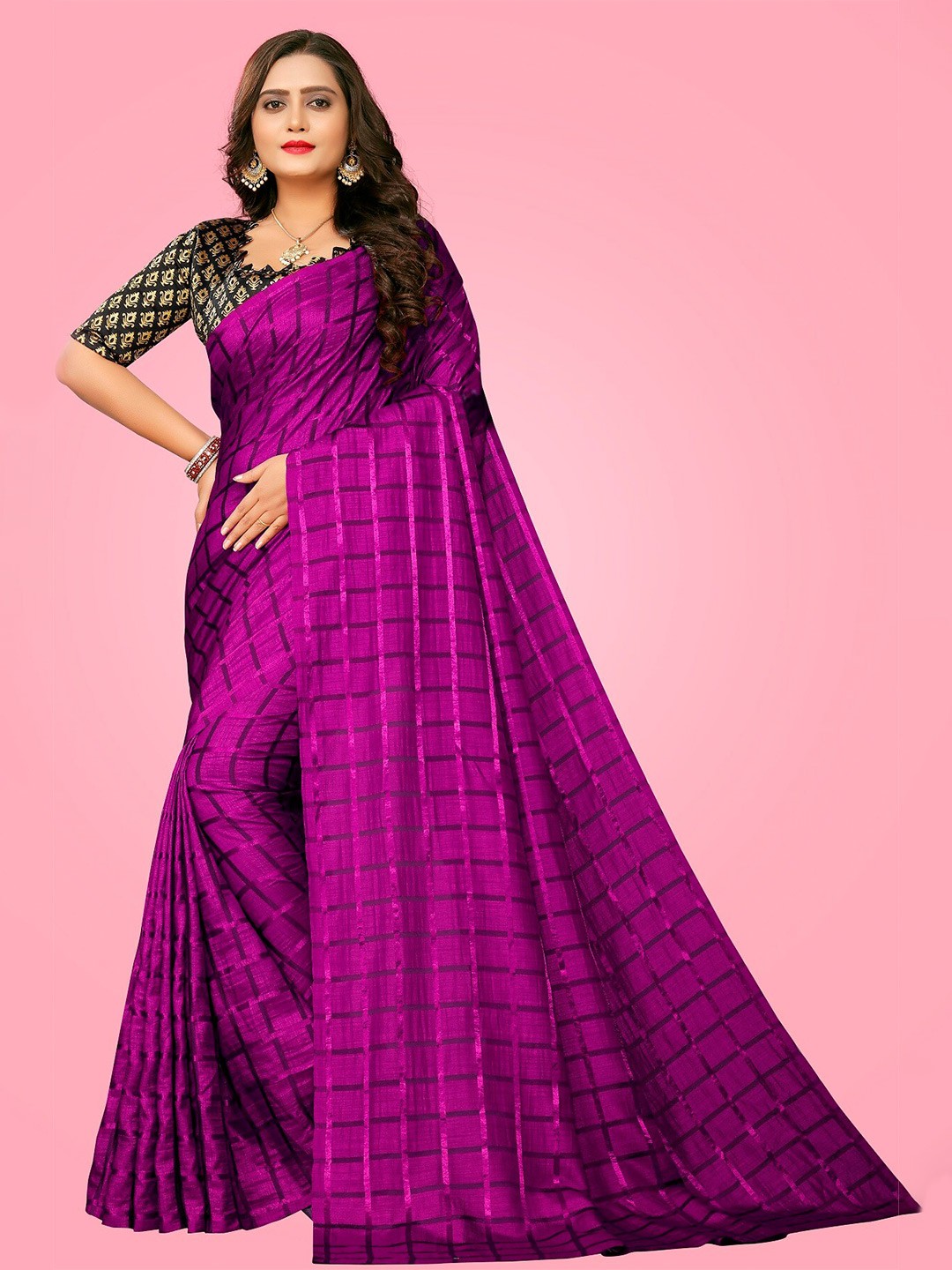 

Rangrasiya Corporation Purple Checked Embroidered Jute Silk Chanderi Saree