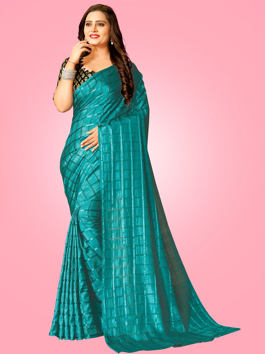 

Rangrasiya Corporation Sea Green Checked Jute Silk Chanderi Saree